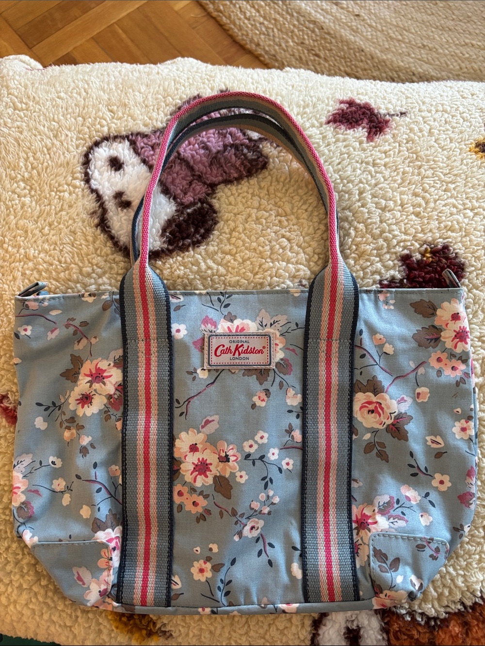 Cath Kidston London Blue Floral Striped Handle Tote Bag